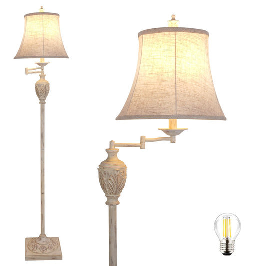 Traditional LED Floor Lamp with 350° Adjustable Swing Arm Lamp – Vintage Standing Pole lamp for Living Room, Bedroom and Office – Rustic Upright Floor Light for Home Décor with Faux Silk Fabric Shade