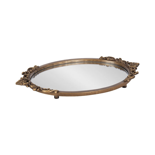 Kate and Laurel Arendahl Vintage Oval Mirrored Decorative Tray; 17 x 10; Antique Gold; Traditional Ottoman Tray for Living Room Home Decor with Ornate Detailing