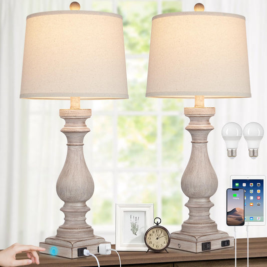 27.5" Farmhouse Table Lamp for Living Room Set of 2,Vintage Bedside Lamps with USB C+A Ports & AC Outlet,3-Way Dimmable Touch Control White Washed Finish Nightstand Lamp for Bedroom,Beige