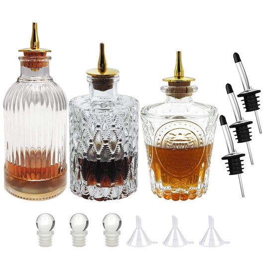 LINALL Bitters Bottle Set - Glass Vintage Bottle, Decorative Bottles with Dash Top, Dasher Bottles for Making Cocktail Great For Bartender Home Bar (3 pack)