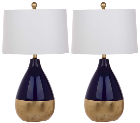 SAFAVIEH Lighting Collection Kingship Modern Contemporary Navy / Gold 24-inch Bedroom Living Room Home Office Desk Nightstand Table Lamp Set of 2 (LED Bulbs Included)