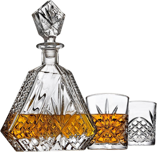 Whiskey Decanter Set with 2 Old Fashioned Whisky Glasses for Liquor Scotch Bourbon or Wine - Irish Cut Triangular Clear