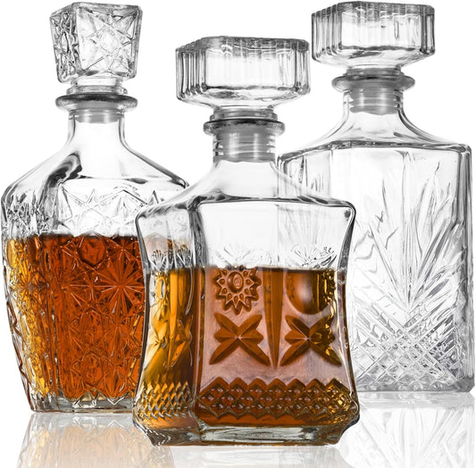 Whiskey Decanter, Liquor Decanters Set of 3, Glass Alcohol Bottle for Vodka, Tequila and Bourbon Unique Whiskey Bar and Party Decorations (28oz*2, 31oz*1)