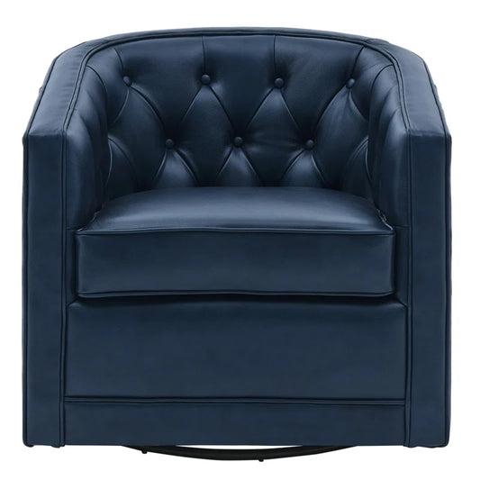 30" Tufted Top Grain Leather Swivel Barrel Chair